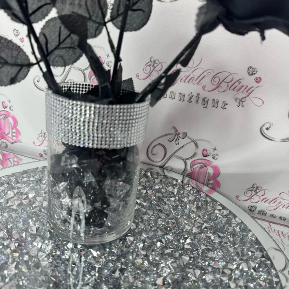 Roses vase sparkly diamond bling black roses black clear pebbles gothic bouquet